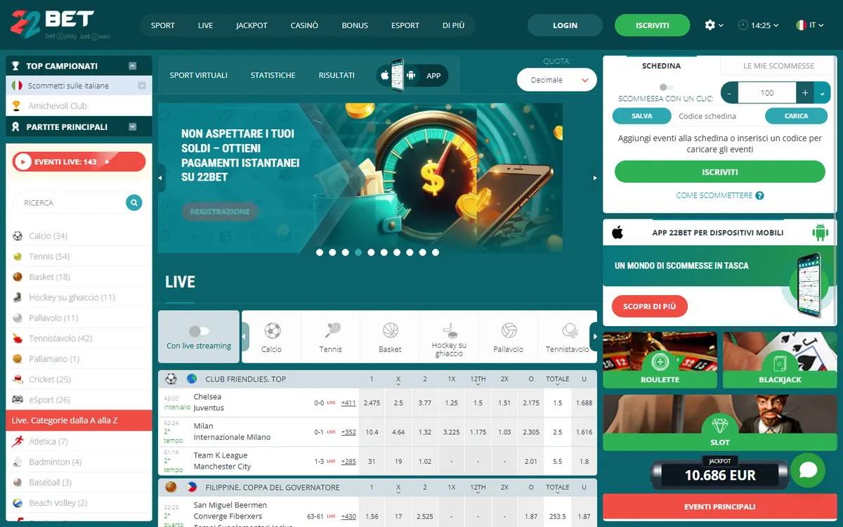 Schermata del sito 22bet