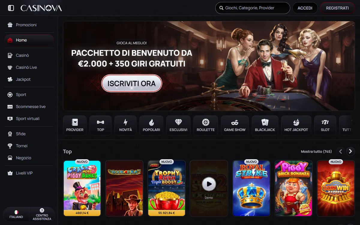 Schermata del sito Casinova